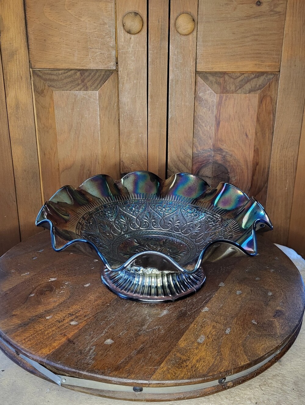 Fenton amethyst carnival glass pedestal bowl